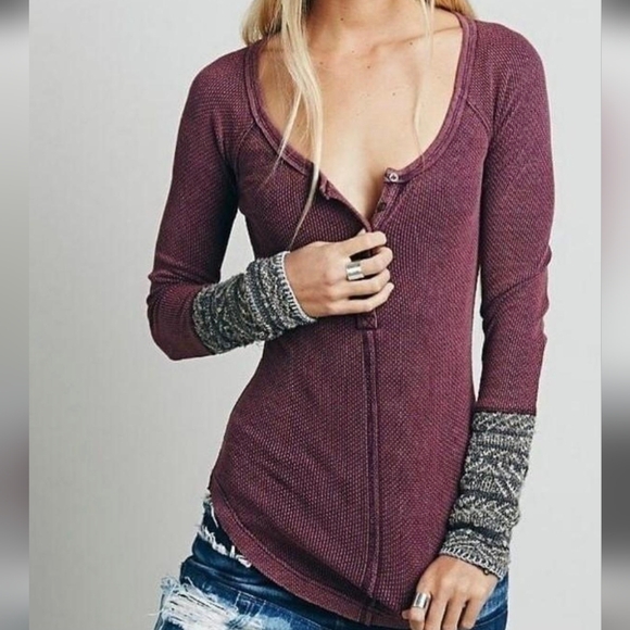 Free People Tops - Free People Alpine Thermal Henley Maroon and Gray Long Sleeve Cuff Top
